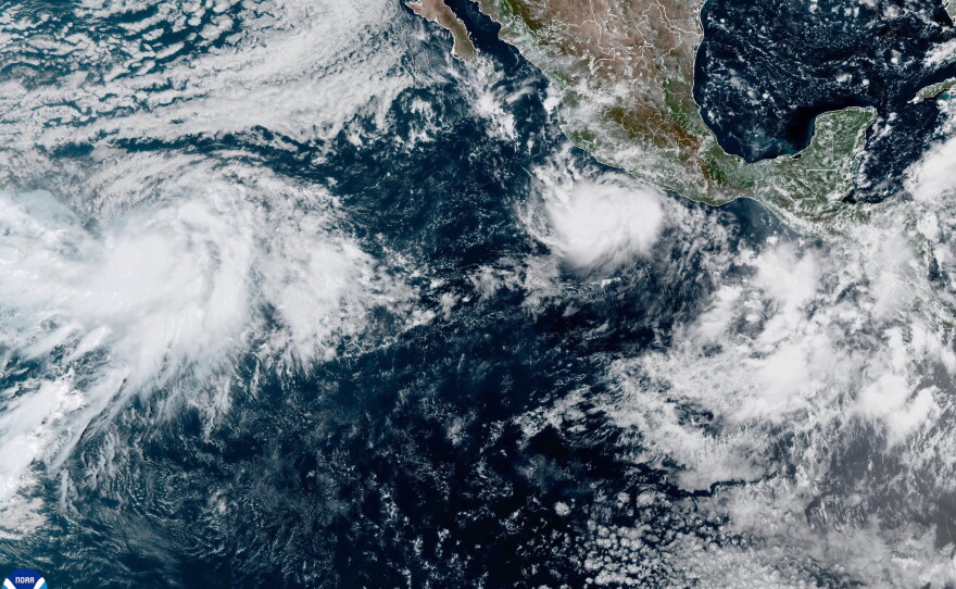 This photo provided by NOAA shows Hurricane Polo intensifying in the Pacific Ocean off the coast of Mexico on Monday, Sept. 21, 2026.