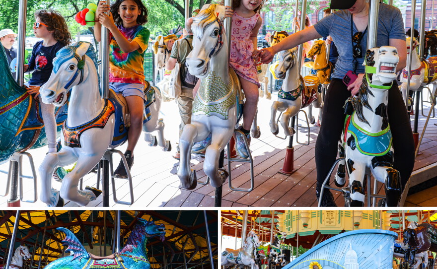 Top: Vivian Wolly, 8 (left), Lucas Platt, 7, Aoife Wolf, 5 — holding hands with her mother Gretchen Tressler — ride on the restored Smithsonian National Carousel. Left: The sea monster is one of the more than 50 restored animals on the ride. Right: A new ADA-compliant chariot featuring Washington, D.C., landmarks.