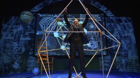 Ron Campbell on stage at San Diego REP playing R. Buckminster Fuller.