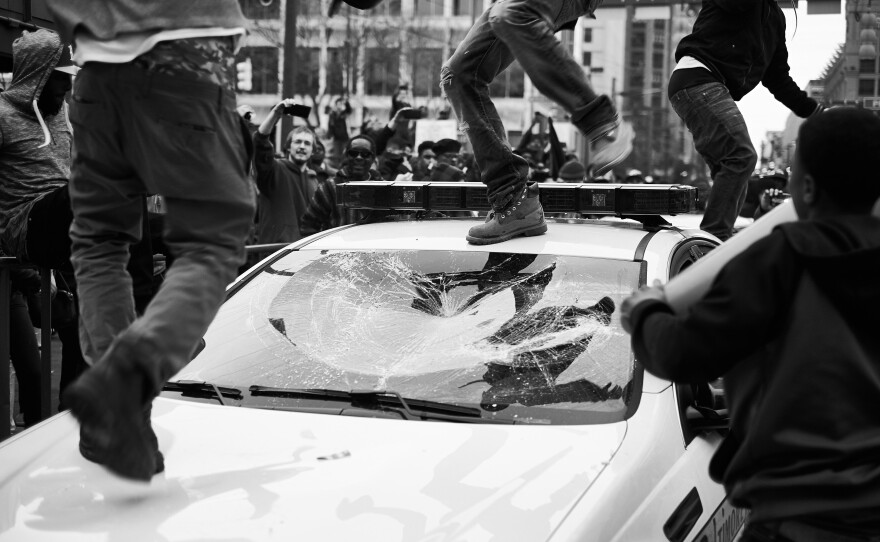 A Freddie Gray protest in downtown Baltimore, Md., in 2015.