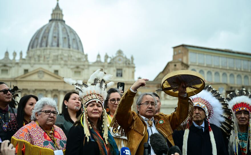 Members of the delegations from the Assembly of First Nations address the media on March 31 after a meeting with Pope Francis.