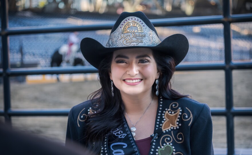 Sujhey Rosas is dressed in a full rodeo outfit inside Petco Park, Jan. 15, 2026.
