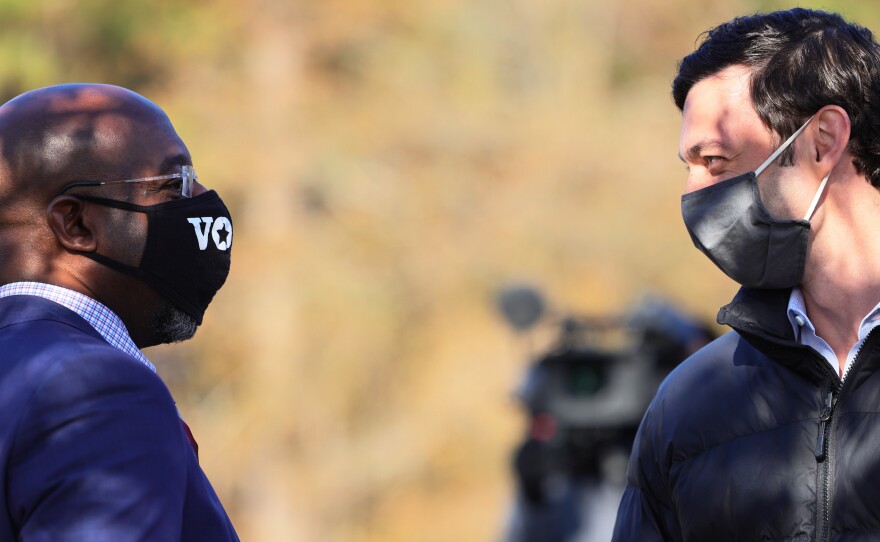 Rev. Raphael Warnock and Jon Ossoff, seen here during a campaign event in Georgia on Jan. 4, were sworn in as U.S. Senators by Vice President Kamala Harris Wednesday afternoon.
