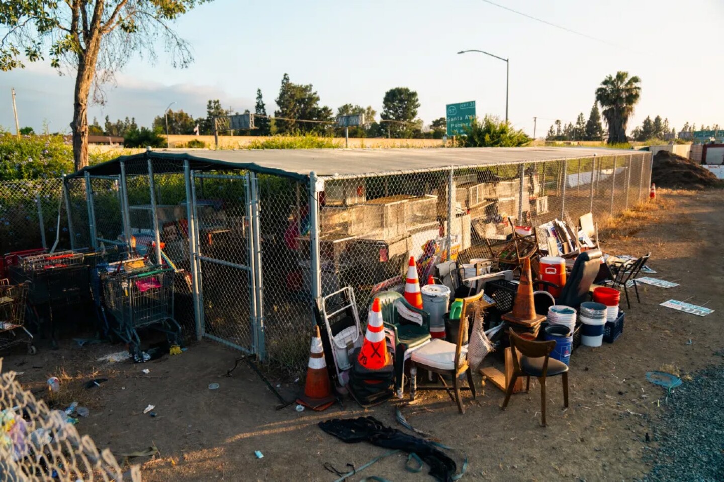 An area where folks experiencing homelessness were given space to store their belongings while staying at the shelter that has since been permanently shut down in Anaheim, on May 14, 2024.