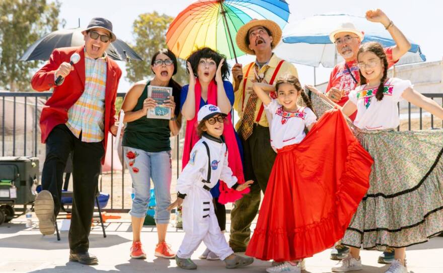 Juan Felipe Herrera and his former students performing for an ACTAVANDO Contra COVID event at the Madera Flea Market on June 13, 2021.