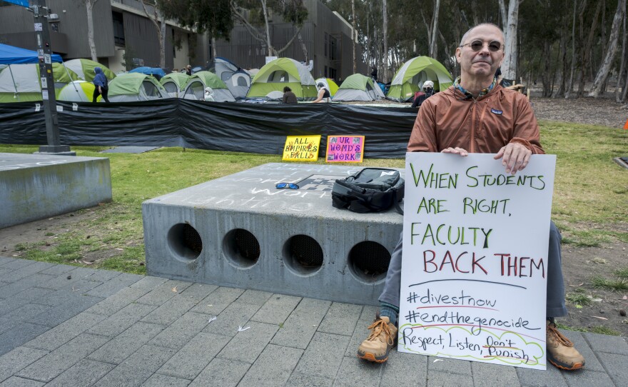 Curtis Marez is a UC San Diego professor of ethnic studies who joined the encampment protest, Thursday, in between teaching his classes, La Jolla, Calif., May 2, 2024