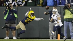 Green Bay Packers' Damarious Randall (23) deflects a pass intended for San Diego Chargers' Danny Woodhead on the final play of an NFL football game in Green Bay, Wis., Oct. 18, 2015. The Packers won the game 27-20. 