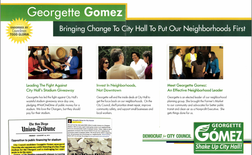 The inside of a mailer from Georgette Gómez's San Diego City Council campaign is shown, May 26, 2016.