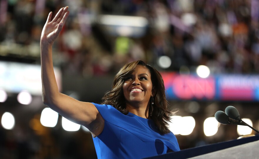 First lady Michelle Obama acknowledges the crowd before delivering her speech during the Democratic National Convention in Philadelphia on Monday.