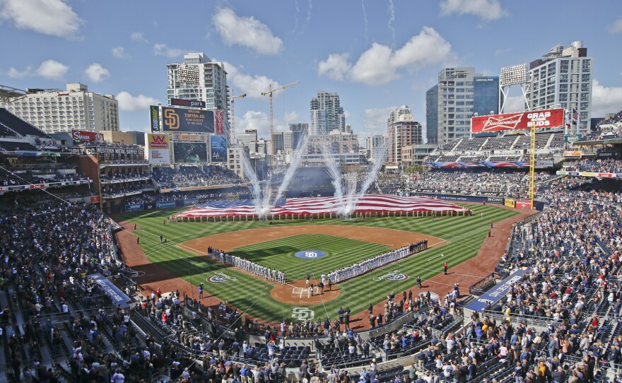 In this April 1, 2014, photo, Opening Day celebrations take place at Petco Park before the San Diego Padres and Los Angeles Dodgers play.