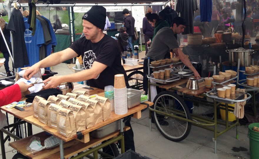 Bicycle Coffee serves its brews at the Grand Lake Farmer's Market in Oakland, Calif.