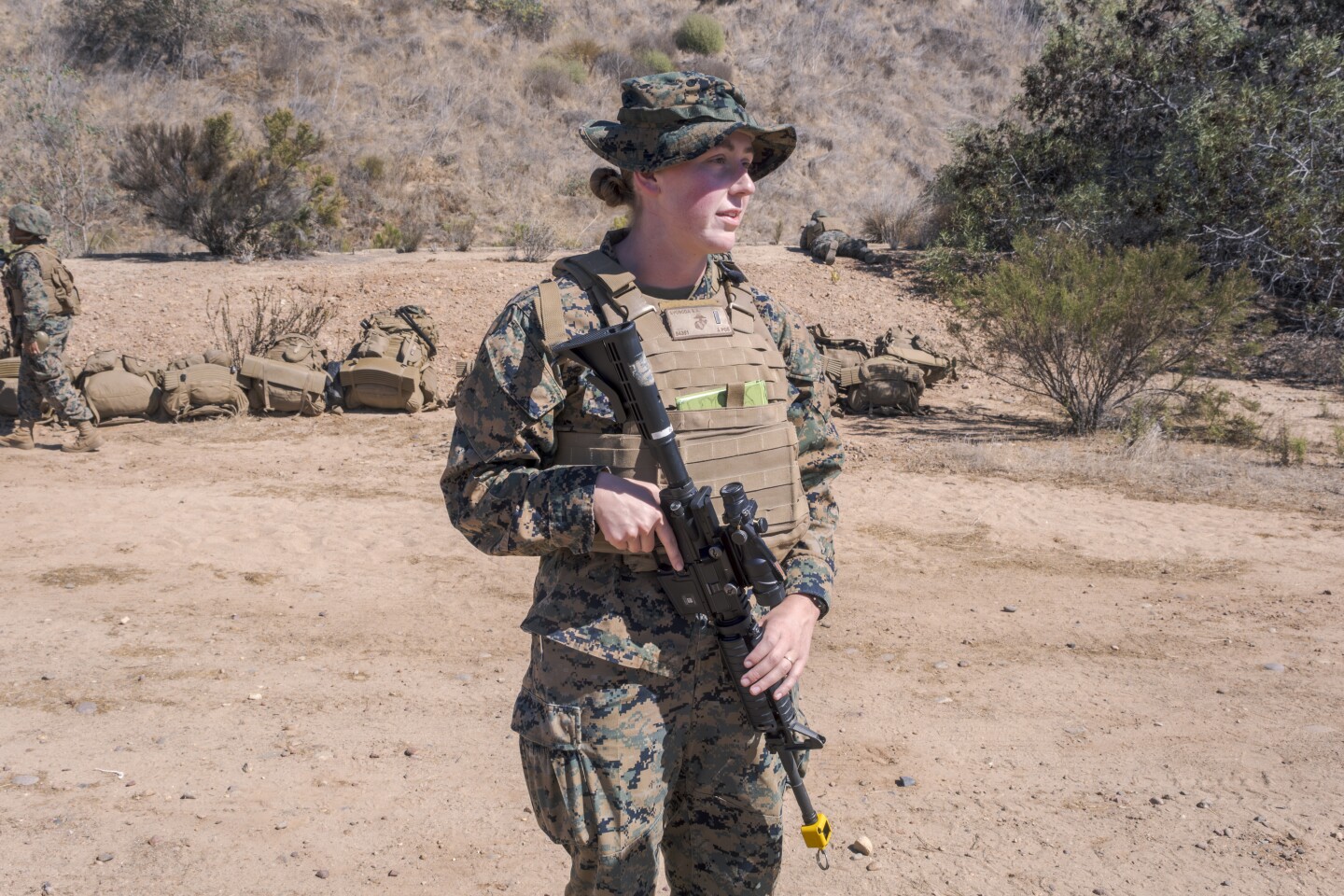 1st Lt. Sophie Svoboda in the eastern part of Marine Corps Air Stations Miramar, just east of the I-15 freeway in the hills overlooking San Diego during an exercise, Oct. 22, 2024.