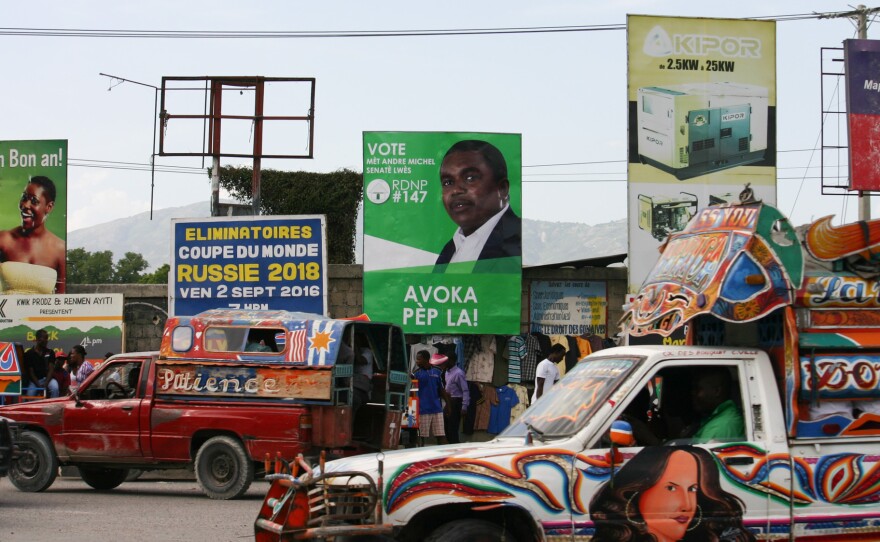 Billboards advertise the scheduled October election in Haiti, which has been without an elected government since February.