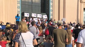 Supervisor Jim Desmond, business owners and supporters rally in front of the San Diego County Administration Center on Sept. 21, 2020, calling for more local control over businesses reopening during the pandemic and rejecting Gov. Gavin Newsom's color-coded four-tier reopening plan.