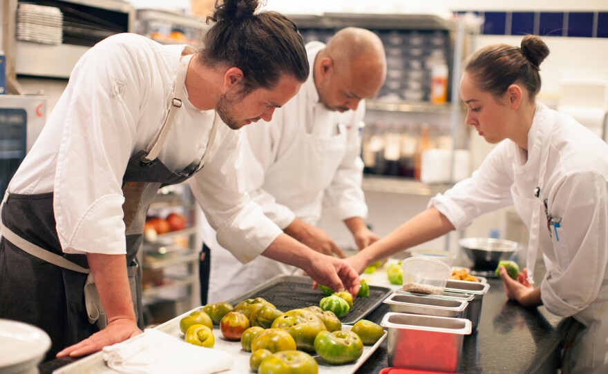 Chef Jamie Simpson and his team in the Culinary Vegetable Institute kitchen.