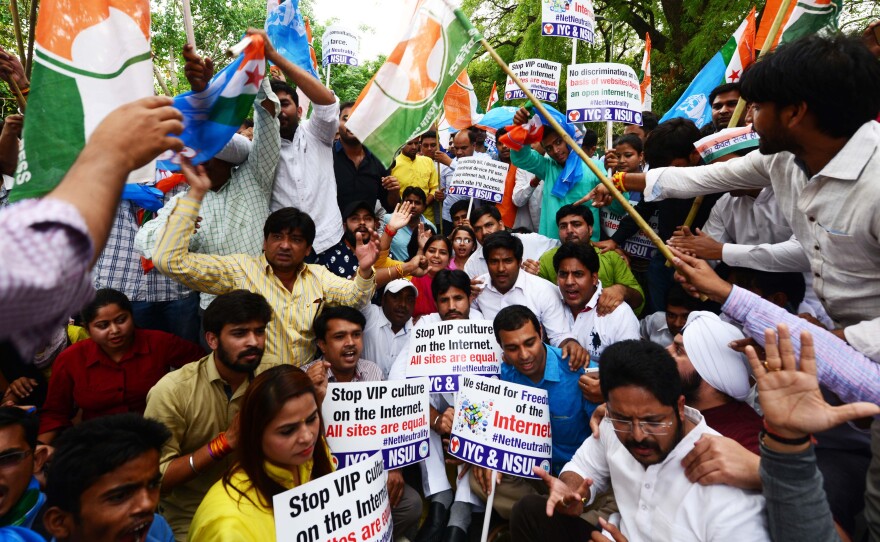 Members of Indian Youth Congress — a wing of the National Congress party — and National Students Union of India protest for Internet freedom in April 2015 in New Delhi.