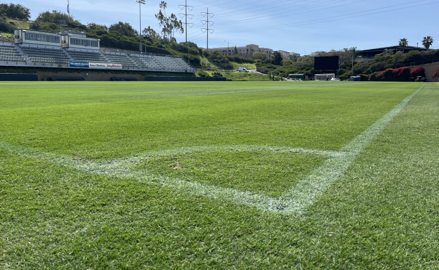 Soccer lines are painted onto the Torero Stadium field at University of San Diego, March 16, 2026.
