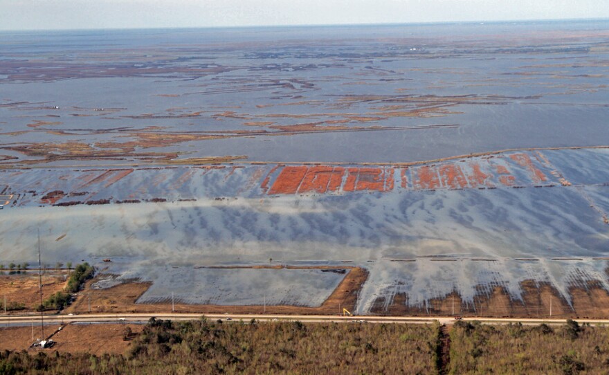 The vast oil insfrastructure in Louisiana's wetlands are vulnerable to damage during hurricanes. These facilities were leaking after Hurricane Isaac.