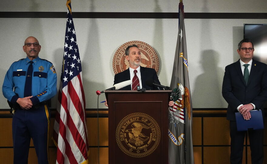 U.S. Attorney for the District of Alaska Michael J. Heyman holds a news conference on a criminal investigation related to an alleged scheme to confuse voters by putting a Senate candidate on the ballot with the same name as the Republican incumbent, at the James M. Fitzgerald U.S. Courthouse and Federal Building, Friday, Oct. 30, 2026, in Anchorage, Alaska.