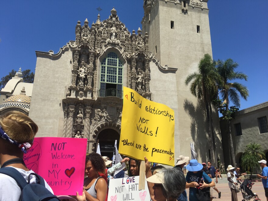 Anti-hate rally signs shown in front of the Museum of Man in Balboa Park on Aug. 27, 2017.