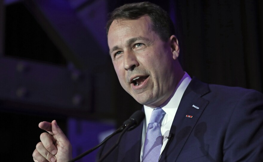 Democratic U.S. Senate candidate Cal Cunningham speaks to supporters during a primary election night party in Raleigh, N.C. in March 2020. North Carolina has among the competitive Senate races in the country this fall as Cunningham challenges incumbent Sen. Thom Tillis.