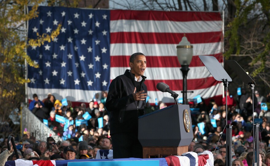 President Barack Obama addresses a campaign rally at Washington Park November 3, 2012 in Dubuque, Iowa.