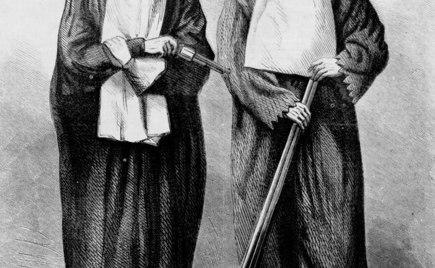 This drawing from 1868 depicts early members of the Ku Klux Klan. Historians have documented how the group used absurdity to mock its opponents and to try to mask the seriousness of the KKK's atrocities.