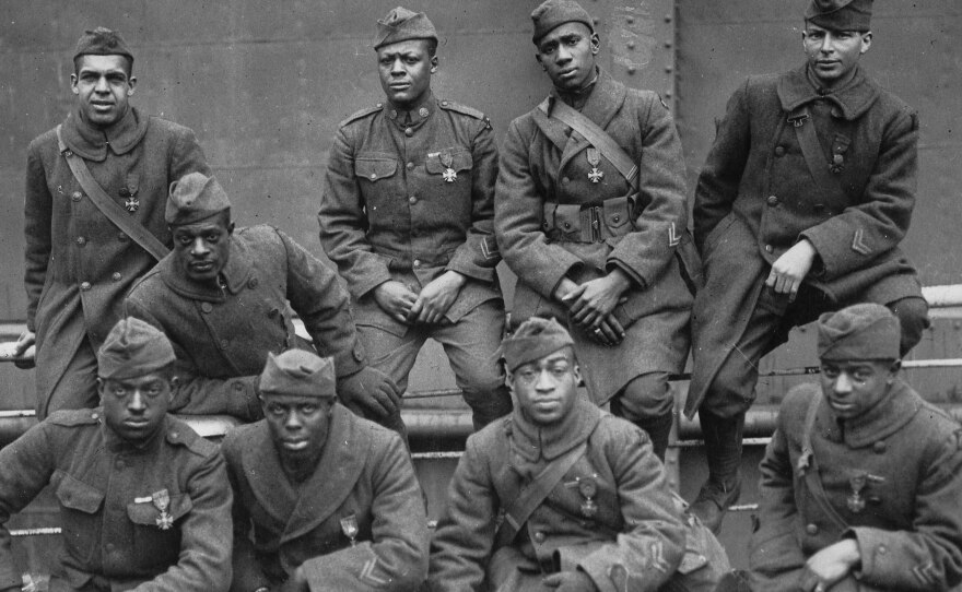 Members of the 369th Infantry Regiment wear their Croix de Guerre medals in 1919.