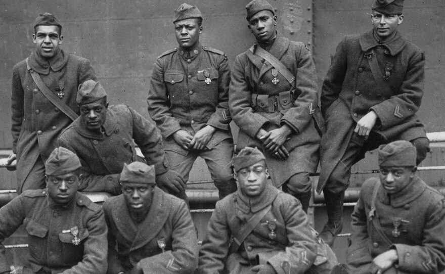 Members of the 369th Infantry Regiment wear their Croix de Guerre medals in 1919.