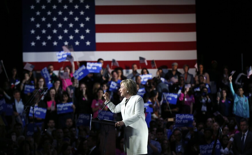Democratic presidential candidate Hillary Clinton addresses supporters at her Super Tuesday election night rally in Miami, Fla.