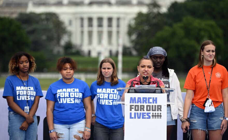 Washington, D.C.: Parkland, Florida, school shooting survivor and activist X Gonzalez speaks to gun control advocates during the March for Our Lives rally.