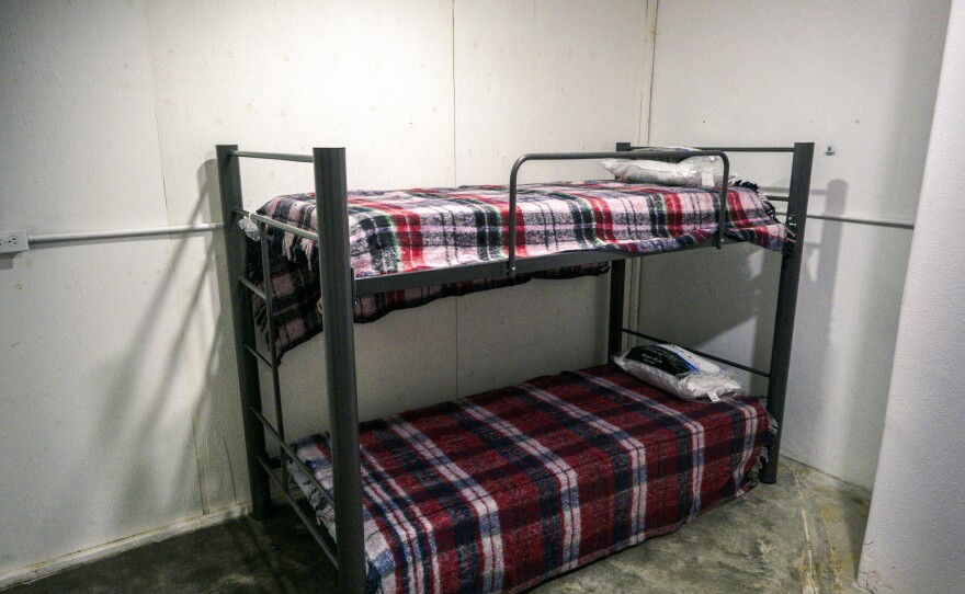 A set of bunk beds is shown inside a new shelter for deportees in Tijuana, Mexico, Jan. 25, 2025