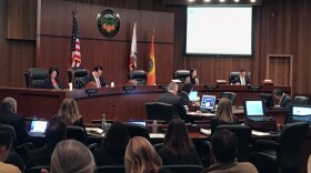 The Orange County board of supervisors gather during a meeting in Santa Ana, Calif. on Tuesday, March 27, 2018.