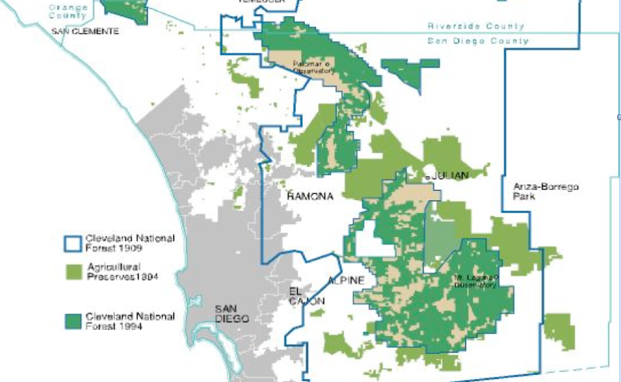 Cleveland National Forest, private land shown in brown.
