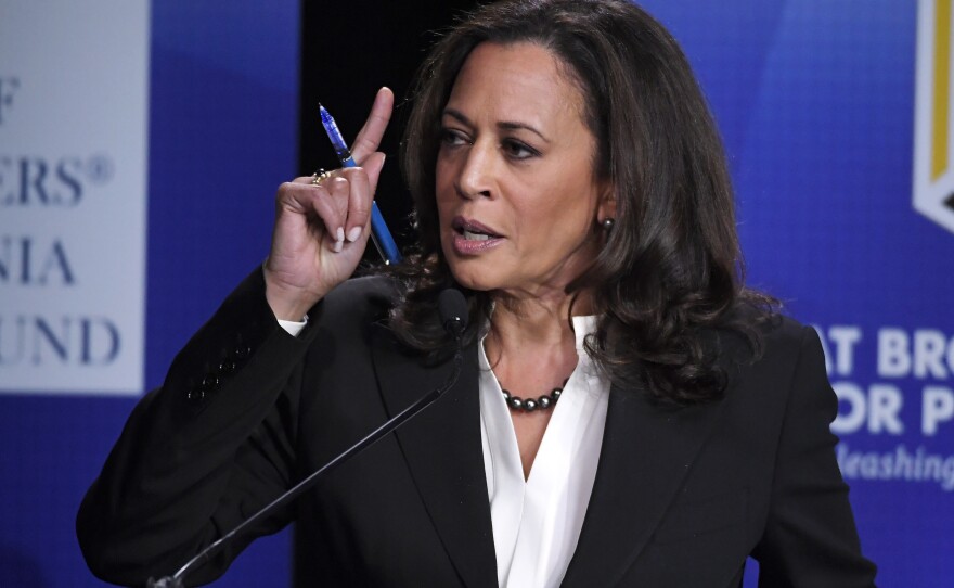 California Attorney General Kamala Harris speaks during a debate against Congresswoman Loretta Sanchez at California State University, Los Angeles, Oct. 5, 2016.