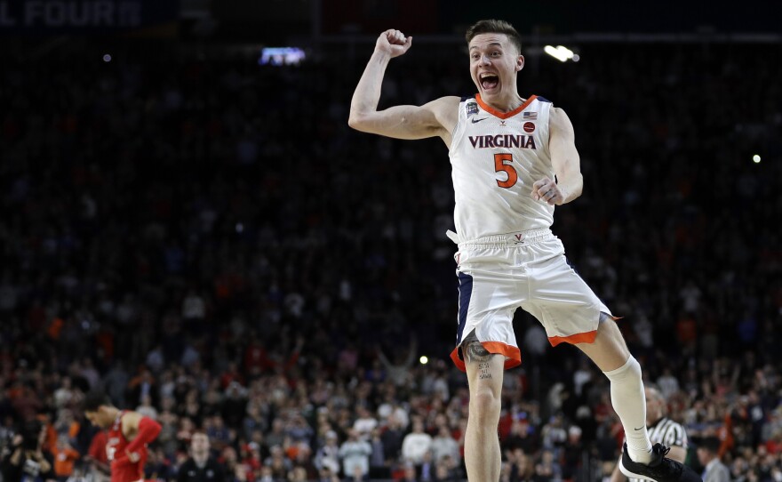 Virginia's Kyle Guy celebrates after helping his team defeat Texas Tech in the NCAA championship tournament. The title game finished in overtime – a first since the University of Kansas beat the University of Memphis in 2008.