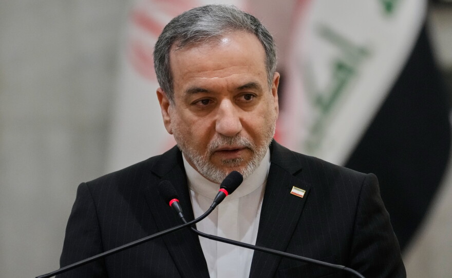 Iranian Foreign Minister Abbas Araghchi speaks during a news conference with his Iraqi counterpart Fouad Hussein after their meeting at the foreign ministry in Baghdad, Iraq, Sunday, June 28, 2026.
