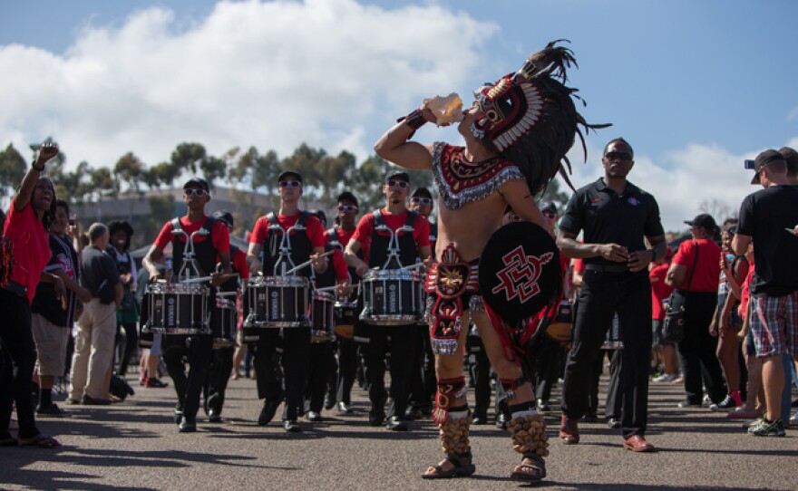 The current Aztec Warrior mascot is shown in 2014.