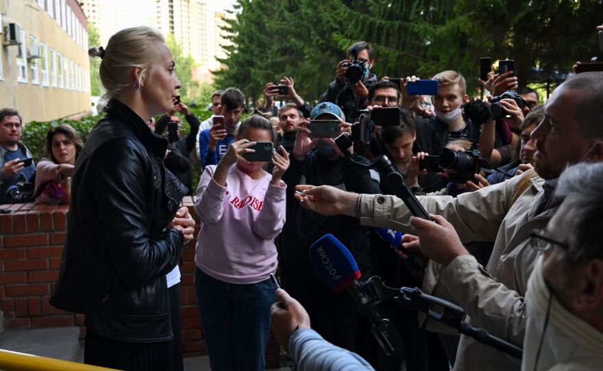 Yulia Navalnaya, wife of Russian opposition leader Alexei Navalny, says she has been blocked from seeing her husband or moving him to a clinic in Berlin. She is seen her talking to the media Friday outside Omsk Emergency Hospital No. 1, where the opposition leader was admitted after he fell ill in what his spokeswoman said was a suspected poisoning.