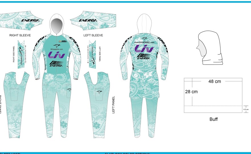 The final design for Gerami's triathlon garb, which she'll wear during the Ironman event in Hawaii.