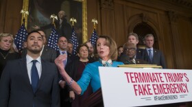 House Speaker Nancy Pelosi of Calif., accompanied by Rep. Joaquin Castro, D-Texas, left, and others, speaks about a resolution to block President Donald Trump's emergency border security declaration on Capitol Hill, Monday, Feb. 25, 2019 in Washington.
