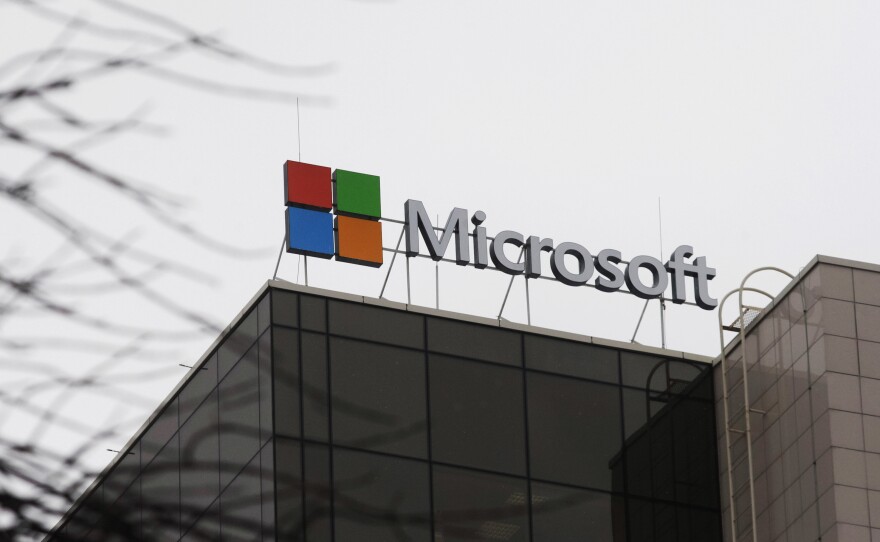 Microsoft Corporation logo is seen on a top of a building in Kyiv, Ukraine, on Jan. 31, 2022.