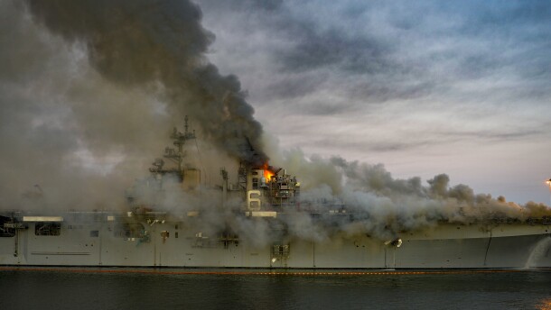 Smoke rising from the USS Bonhomme Richard fire at Naval Base San Diego, July 12, 2020. 