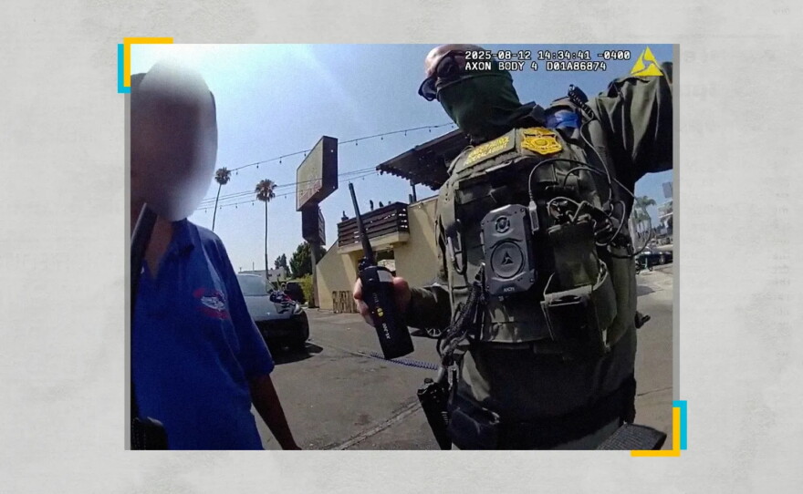 An immigration agent arrests a worker at the Hand J car wash in Los Angeles during a raid in August 2025.