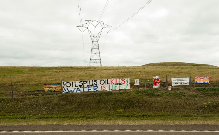 Signs left by protesters at a pipeline construction site a mile away from the Standing Rock Sioux reservation.