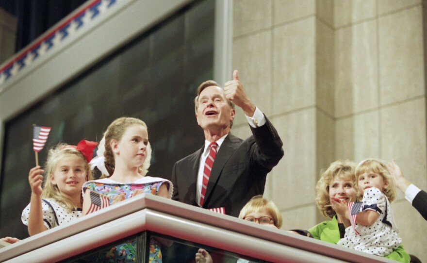 President George Bush addresses the crowd as he stands with his family on the podium at the Republican National Convention on Aug. 19, 1992 at the Astrodome.