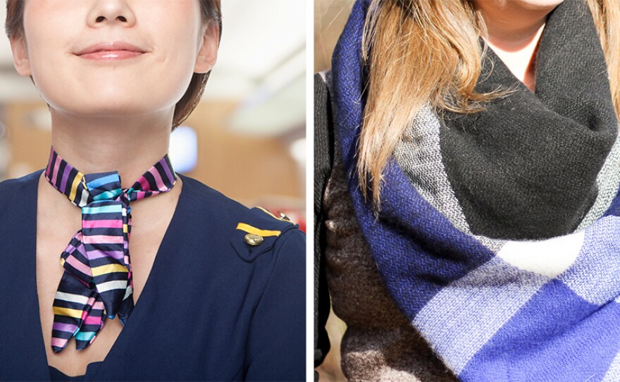 Apparently, it's OK to channel your inner flight attendant with a short neck scarf if you work at Starbucks. (Note: Actual stock image of flight attendant pictured.) But a more stylish long or loose scarf? Still verboten.