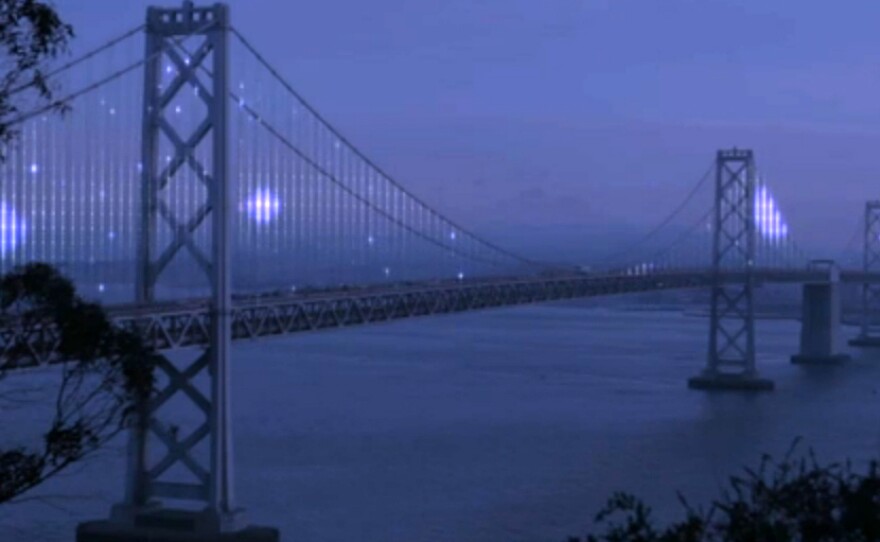 An image taken from a video of The Bay Lights. The lights will be turned on Tuesday, at 9 p.m. PT.