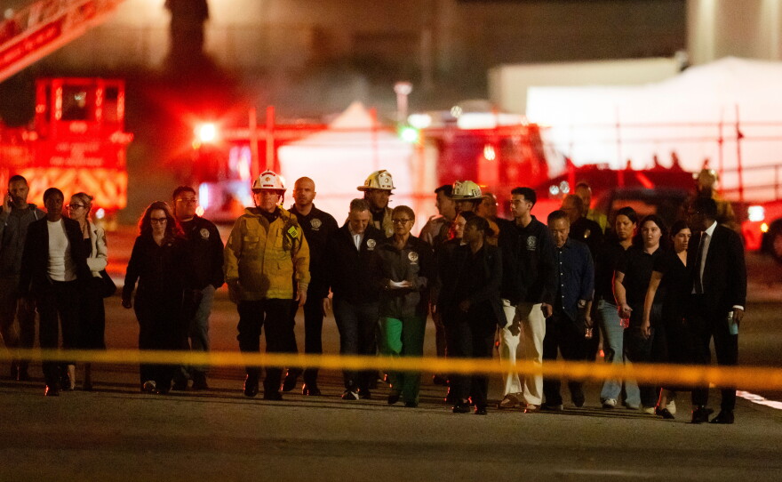 Los Angeles Mayor Karen Bass joined by other officials walk to a news conference near the scene of a helicopter crash in Chatsworth, a neighborhood in Los Angeles, Tuesday, Sept. 15, 2026.