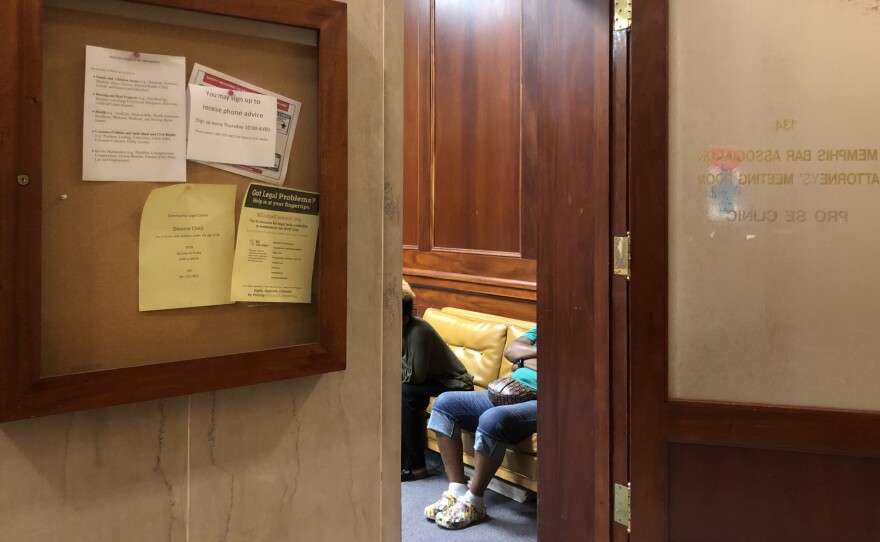Tenants facing eviction wait to speak with attorneys from Memphis Area Legal Services in Room 134 of the Shelby County General Sessions Court in Memphis, Tenn.